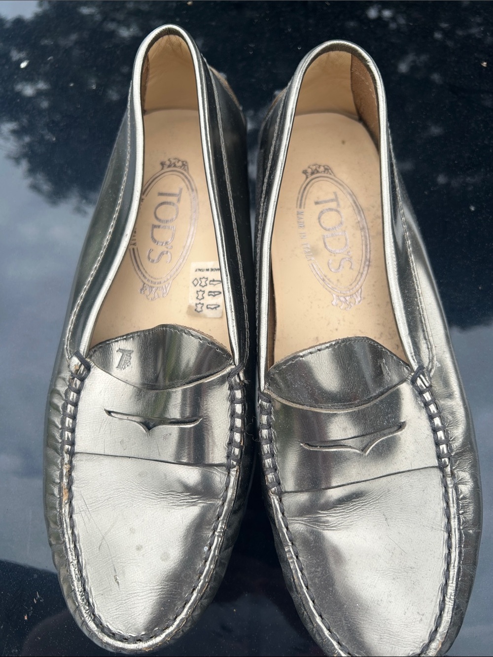 Tod's Metallic Silver Leather Penny Loafers Woman